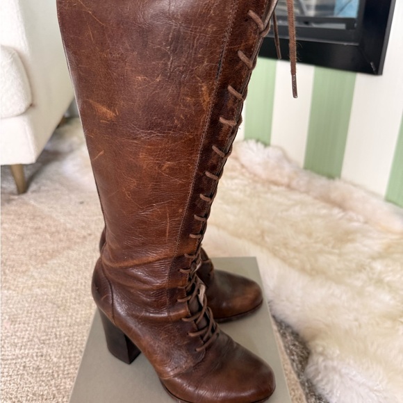 Frye Dark Brown knew high Leather Lace-Up Heeled Boots, size 10 - Picture 3 of 12